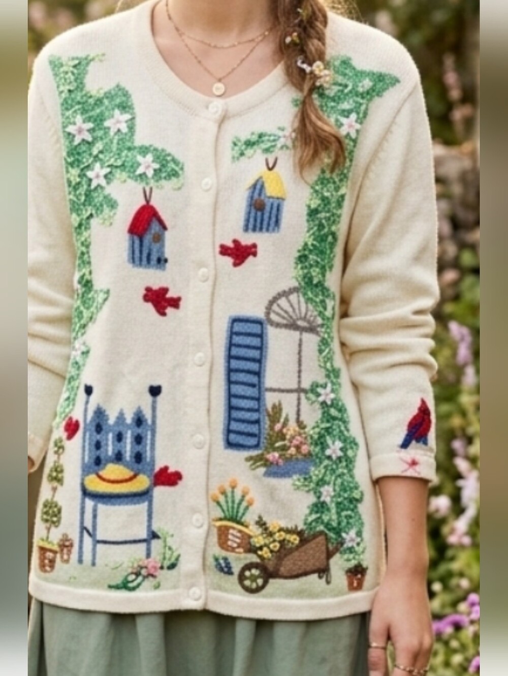 Vintage Quacker Factory Garden Novelty Knit Cardigan Ramie Cotton Cottagecore